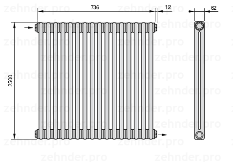 Схема (чертеж) Радиатор Zehnder Charleston 2250/16 №1670 Белый глянцевый RAL 9016